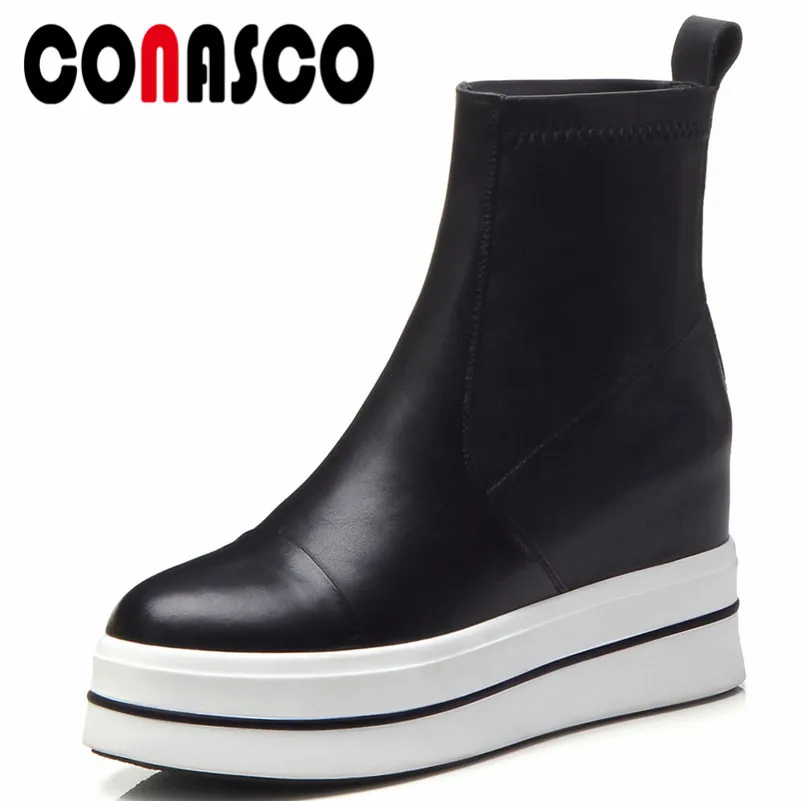 

CONASCO New Women Sexy Black Genuine Leather Ankle Boots Wedges High Heels Platforms Party Wedding Shoes Woman Martin Boots