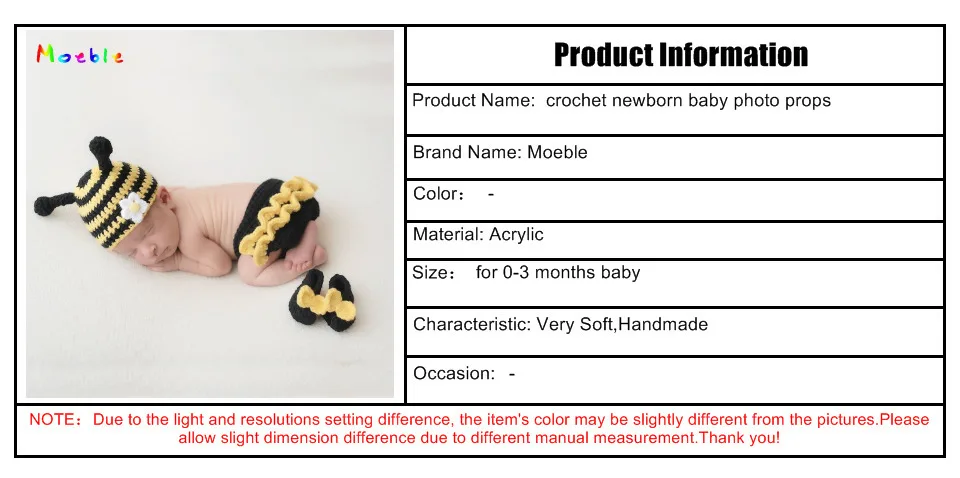 Вязанный крючком костюм Шмель для новорожденных, для фотосессии, вязаная шапка с изображением животных, шапочка для фотосессии, реквизит, комплект одежды для маленьких девочек