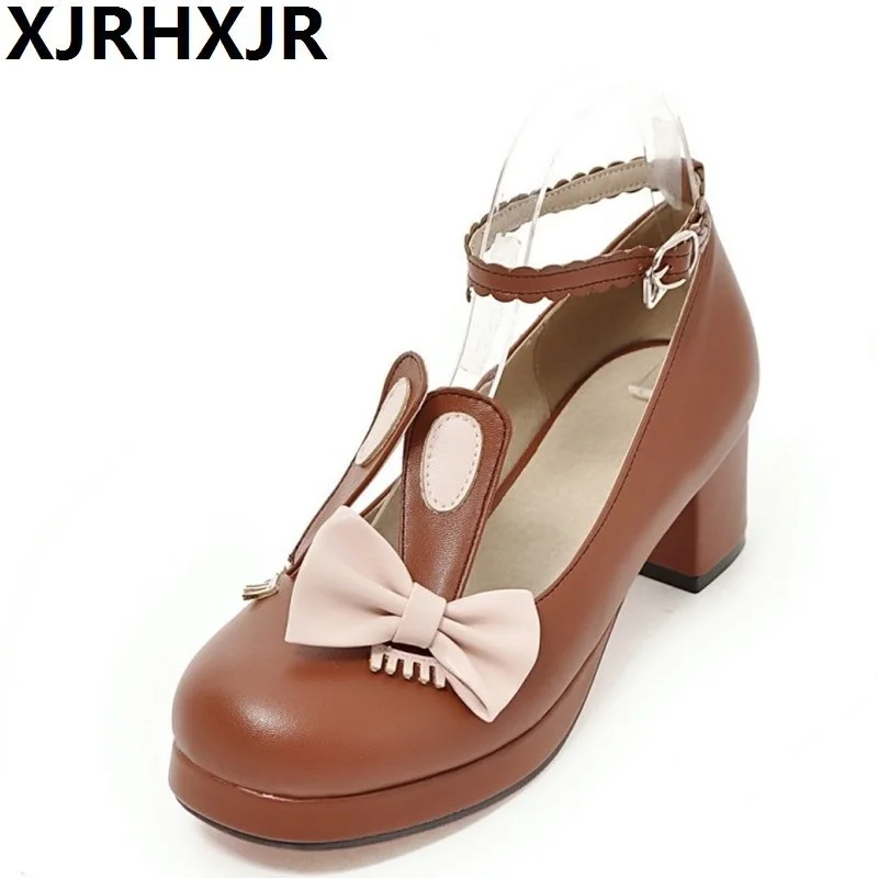 

XJRHXJR Ladies Cute Lolita Shoes Thick Heel Heart Shaped Embellished Ankle Buckles 2019 New Round Toe Womens Pumps With Ears