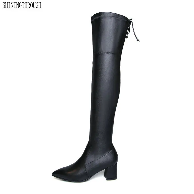 

2019 genuine leather Women high heels over the knee boots ladies dress shoes woman pointed toe autumn winter boots large size 43