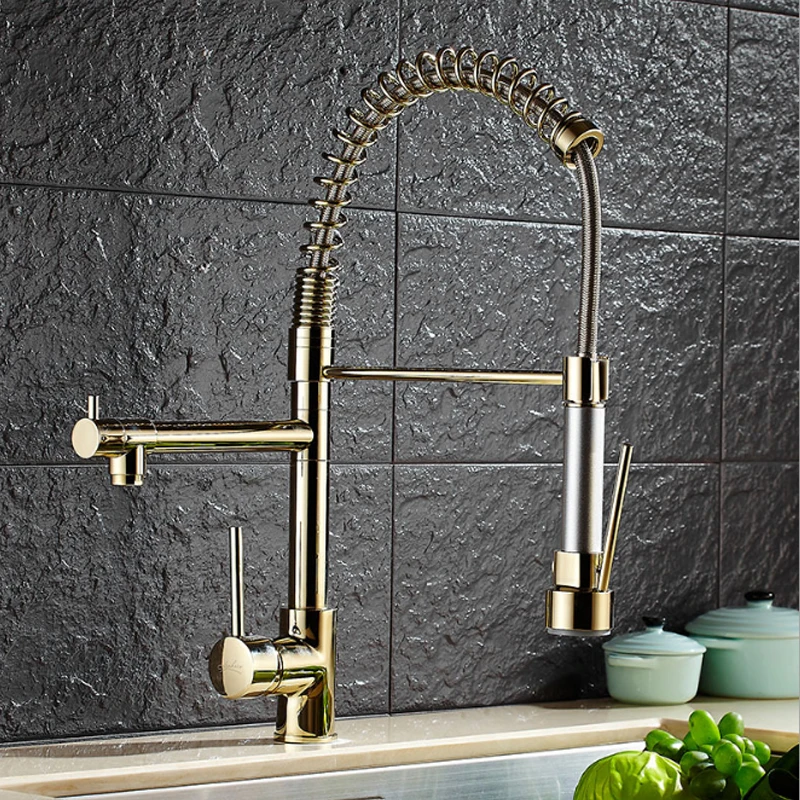 

Plating Titanium Gold Pull Out Kitchen Faucet Mixer Multifunctional Water Tap 2 Water Outlet All Around Rotate Swivel L0156