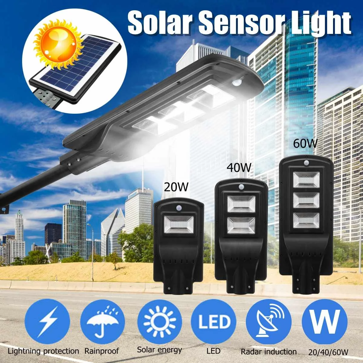 20/40/60 W Solar LED Wall Street Licht Radar Inductie PIR Motion Sensor Outdoor Lamp Bliksem Voor thuis Residentiële Binnenplaats