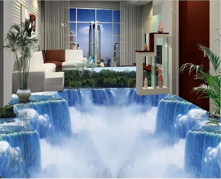 

3d flooring wallpaper custom photo self-adhesion material 3 d Mountain forest waterfall painting 3d wall room murals wallpaper