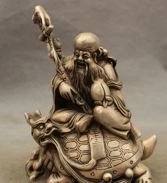 

wholesale factory Chinese Silver Buddhism Longevity God Shou Star Peach Statue Ride Dragon Turtle
