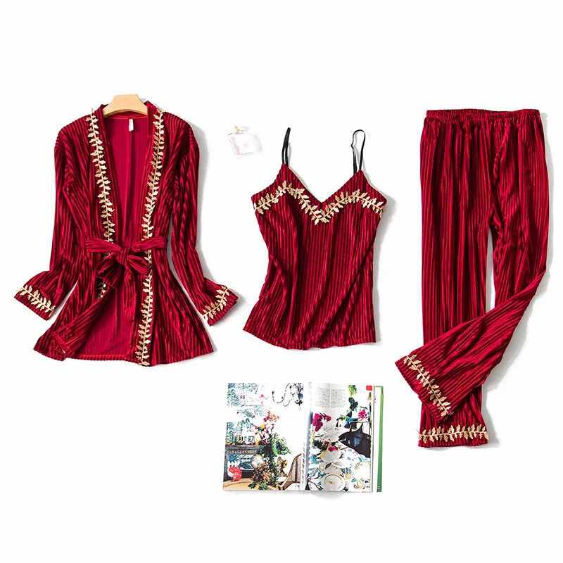 

Novelty Chinese Women Velvet Robe Sleepwear Set Winter Lounge Nightdress Nightwear 3PCS Home Clothing Warm Sleep Suit Pajamas