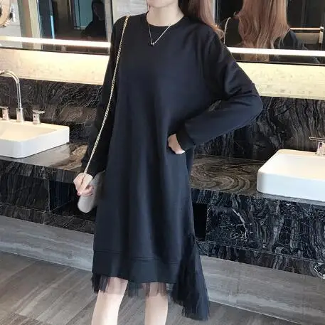 

5XL 4XL 3XL Spring Winter Women Clothing Loose Long sleeve Mesh Patchwork Irregular Plus size Black Sweatshirt Dress AF967