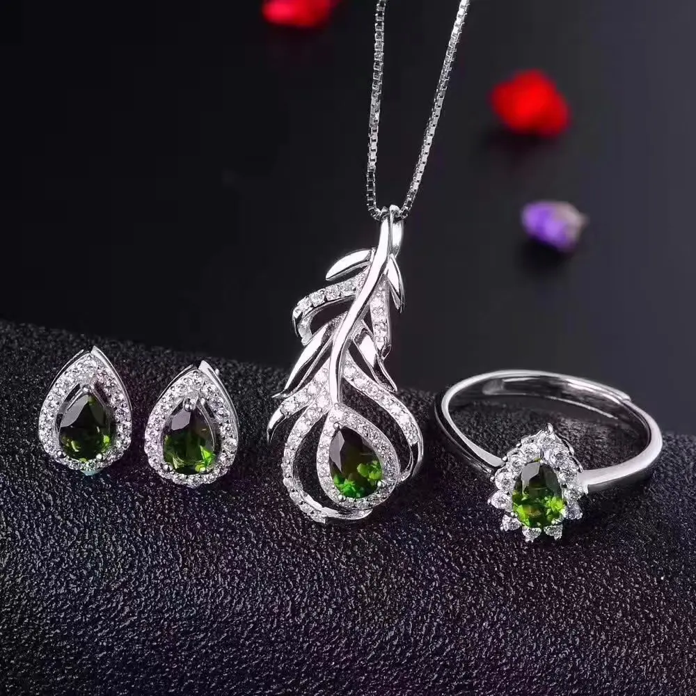 Верность естественно 4*6 мм диопсид s925 серебро редко перо fine jewelry наборы для женщин вечерние натуральный зеленый драгоценный камень