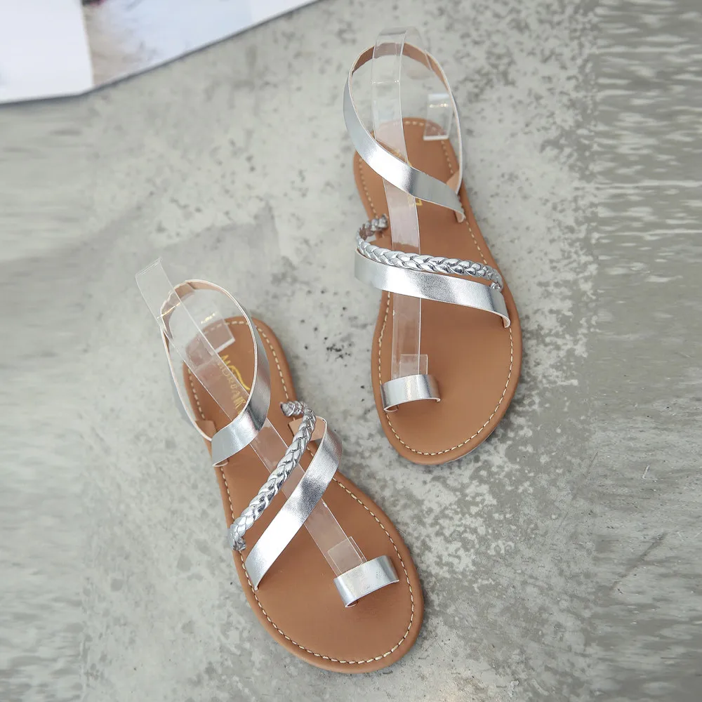 MUQGEW Для женщин летние сандалии с ремешками в стиле «Гладиатор» плоская подошва сандалии с пряжкой низкие, на плоской подошве; Вьетнамки; пляжные сандалии; обувь