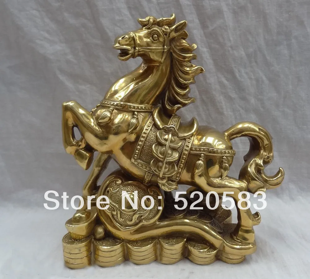 

9" Chinese Zodiac Brass Wealth YuanBao Horse On RuYi Coin Statue Figurine