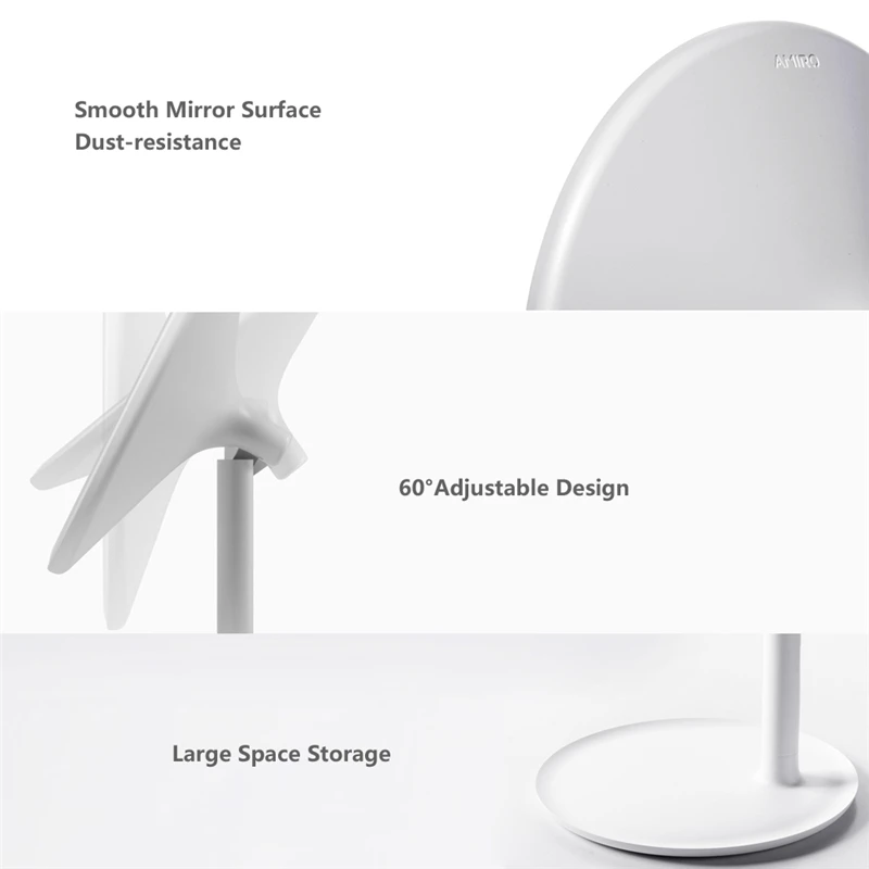 AMIRO HD Smart Mirrors Dimmable Adjustable Countertop 60 Degree Rotating Daylight LED Makeup Mirror With Light 2000mAh