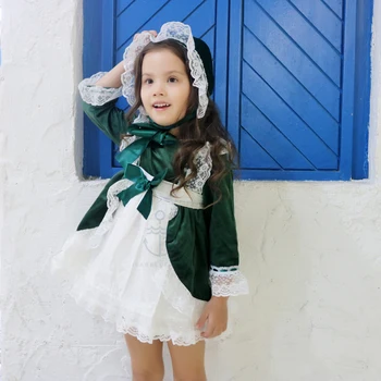 

Autumn Spanish Wind Court Baby Dark Green Velvet Dress Girl Lolita Princess Lace Quality Fashion Kids Christmas Dress 3pcs