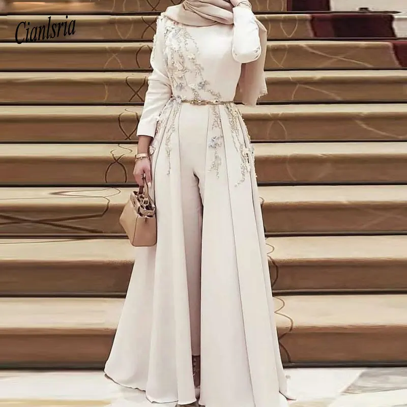 Muslim Evening Dress Long Sleeves Satin Jumpsuit High Neck Beading Sash Pantsuit Detachable Hijab Illusion Islamic Formal Gowns Muslim Evening Dress Long Sleeves Satin Jumpsuit High Neck Beading Sash Pantsuit Detachable Hijab Illusion Islamic Formal Gowns