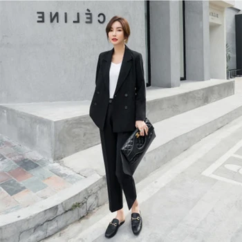 

Suit women Double Breasted Women Pant Suit Blazer Jackets & High Waist Pant 2019 autumn Office Wear Women Suits
