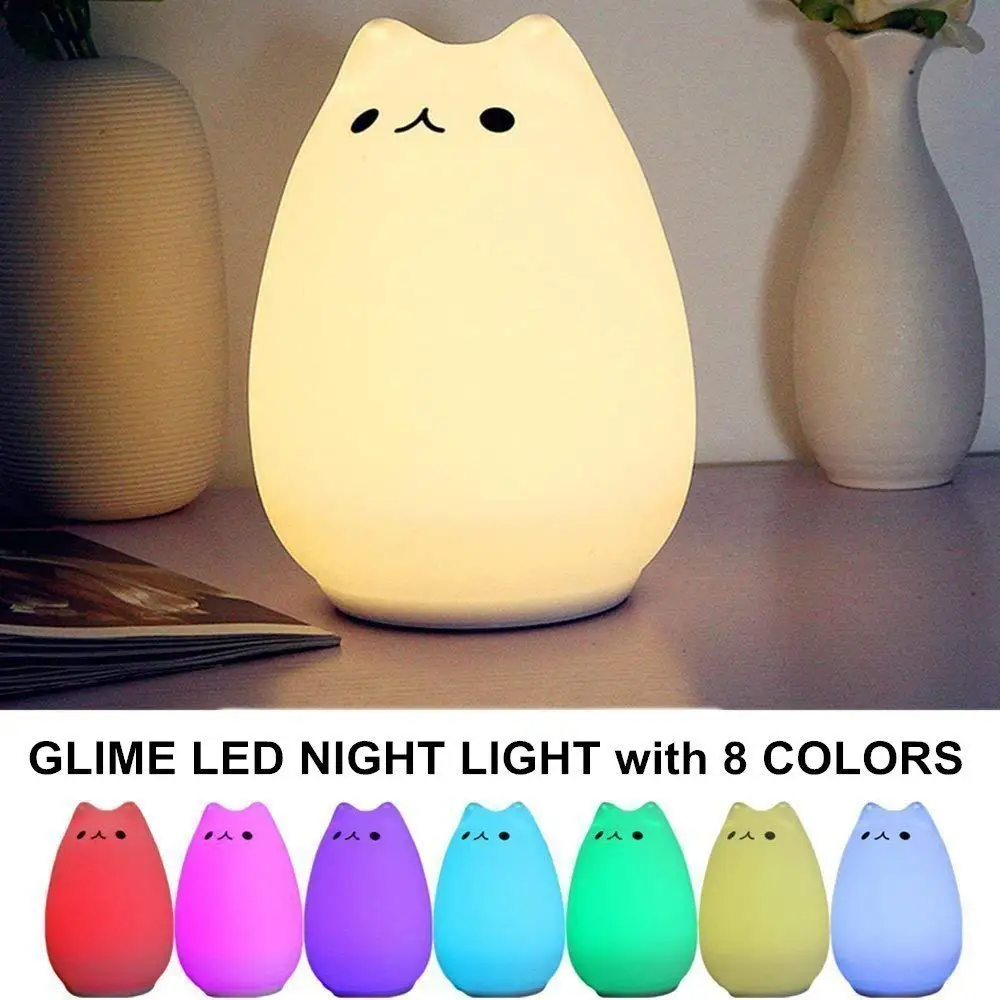 

LED Cat Night Light Kitten Lamp Colorful Lighting Tap Control Model Chang Silicone Toy Soft Cover Nursery Bedroom Bedside DC 5V