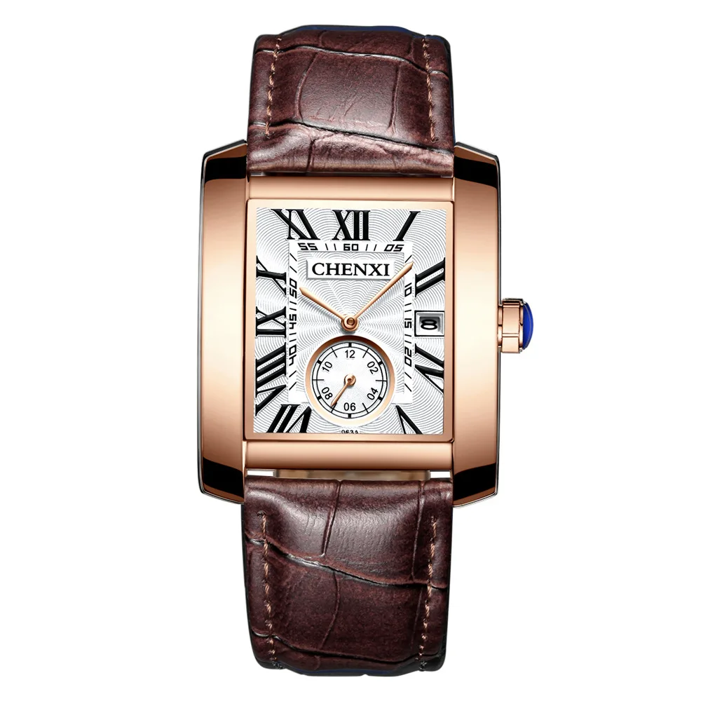 Люксовый бренд, CHENXI, квадратные мужские часы, уникальный дизайн, розовое золото, календарь, секундомер, натуральная кожа, кварцевые, деловые часы для мужчин