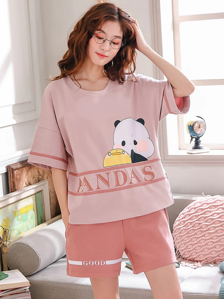 

Pajamas Women Cartoon Print Pajamas Short Sleeve Shorts 2 Piece Pajamas Large Size Summer 2019 Casual Home Clothing pijama mujer