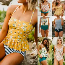 One Piece Swimsuit 2019 New Leaf Print Swimwear Women Swimsuit Halter Push Up Bathing Suits Beach Wear Ruffle Monikini strappy palm leaf print one piece swimsuit