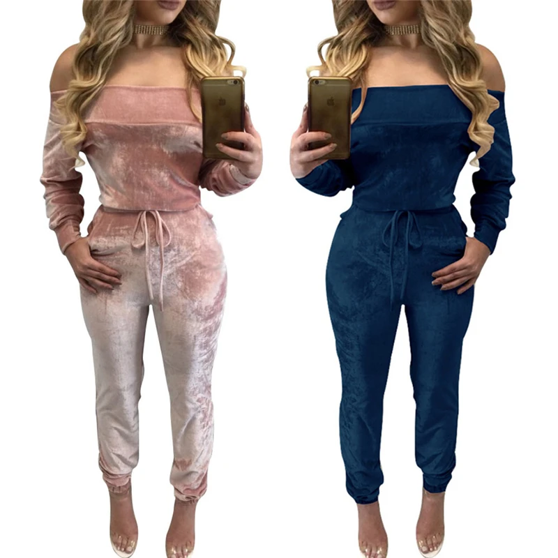Preself Jumpsuits Velvet Off Shoulder Slash Neck Women Long Sleeve Bodysuit Overalls Bodycon Jumpsuit Rompers Pink Blue Colors In Jumpsuits From Women S Clothing Accessories