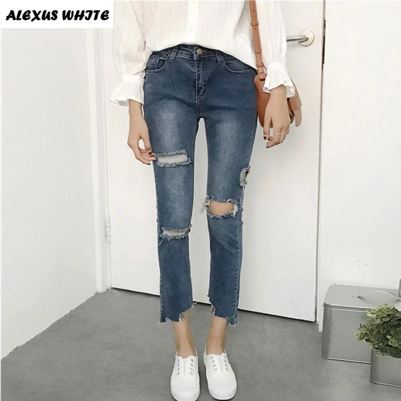 Ripped Jeans 2017 Hole Straight Pantalon Femme Irregular High Waist Pants For Women Street Style Vaqueros