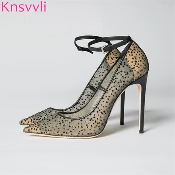 

Knsvvli pointy toe lace stiletto woman shoes crystal ankle buckle wedding banquet shoes sexy high heels shoes women pumps