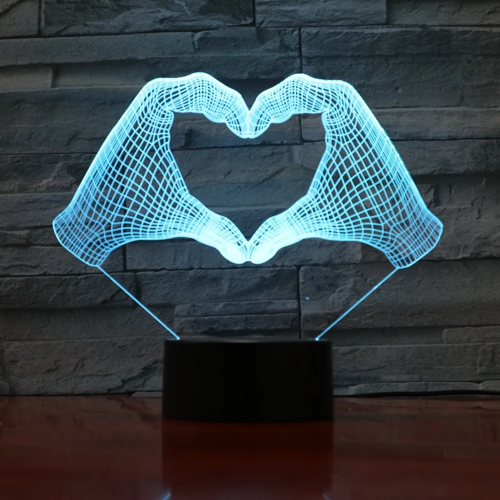 Love Heart Hand Gesture 3D LED Night Light with 7 Colors Light for Home