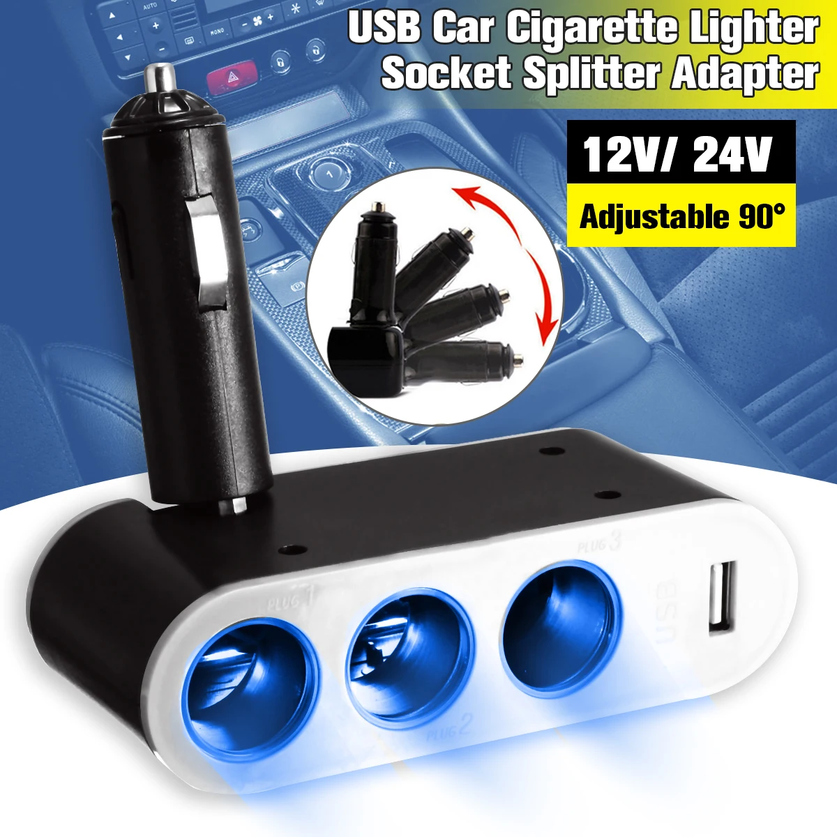 

KROAK 3 Way Auto Socket Adapter Splitter USB Port Charger DC 12V 24V Car Cigarette Lighter