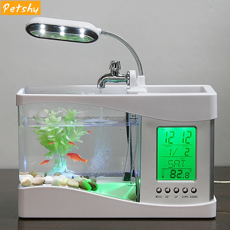 Koop Petshy USB Mini Aquarium Aquarium Aquarium met LED Lamp Licht Lcd scherm en Klok Home Decoratie Aquarium aquarium