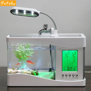 Petshy USB Mini Aquarium Fish Tank Aquarium with LED Lamp Light LCD Display Screen and Clock Home Decoration Fish Tank Aquarium 918 usb powered mini aquarium fish tank white transparent