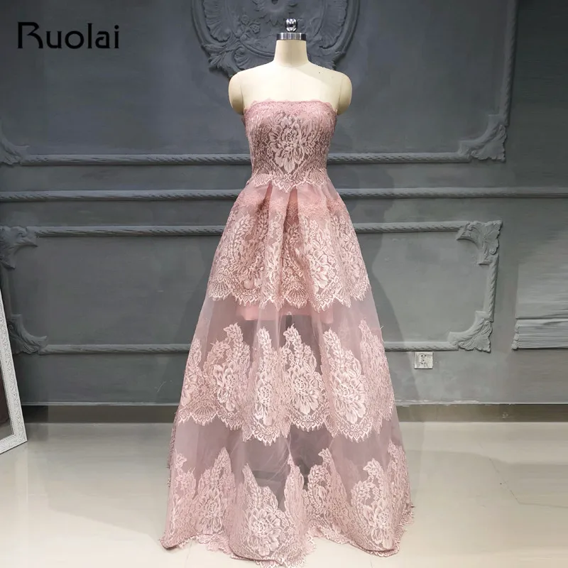 Fashion Mauve Evening Dresses Long Strapless A-Line Lace Evening Gown Tulle Floor length Prom Dress 2019 Robe de Soiree SN43