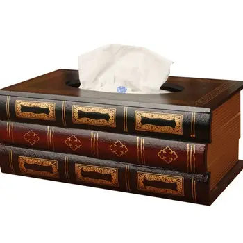 

Retro European-style Book Tissue Box Wooden Crafts Classic Large-capacity Napkin Box Ornaments Antique Wooden Napkin Towel Boxes