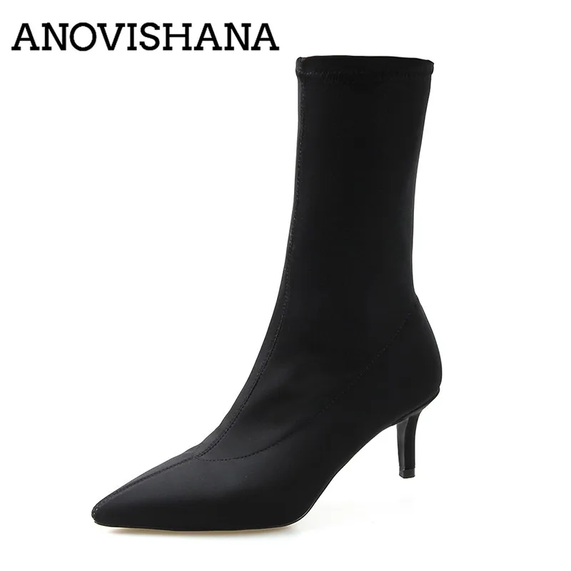 

ANOVISHANA Spring Women Sock Boots Stretch Fabric Slip On High Heels Pointed Toe Ankle Boots Women Pumps Stiletto Ladies Shoes