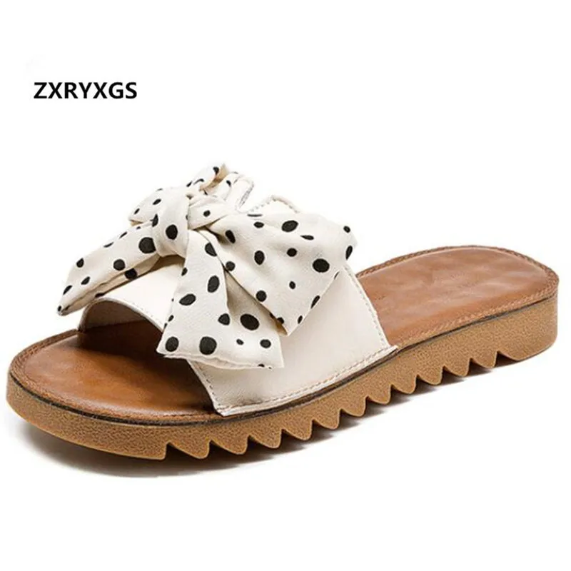 

New Summer Female Sandals Flat Shoes 2019 Elegant Bow Soft Sheepskin Leather Slippers Non-slip Casual Slippers Fashion Sandals
