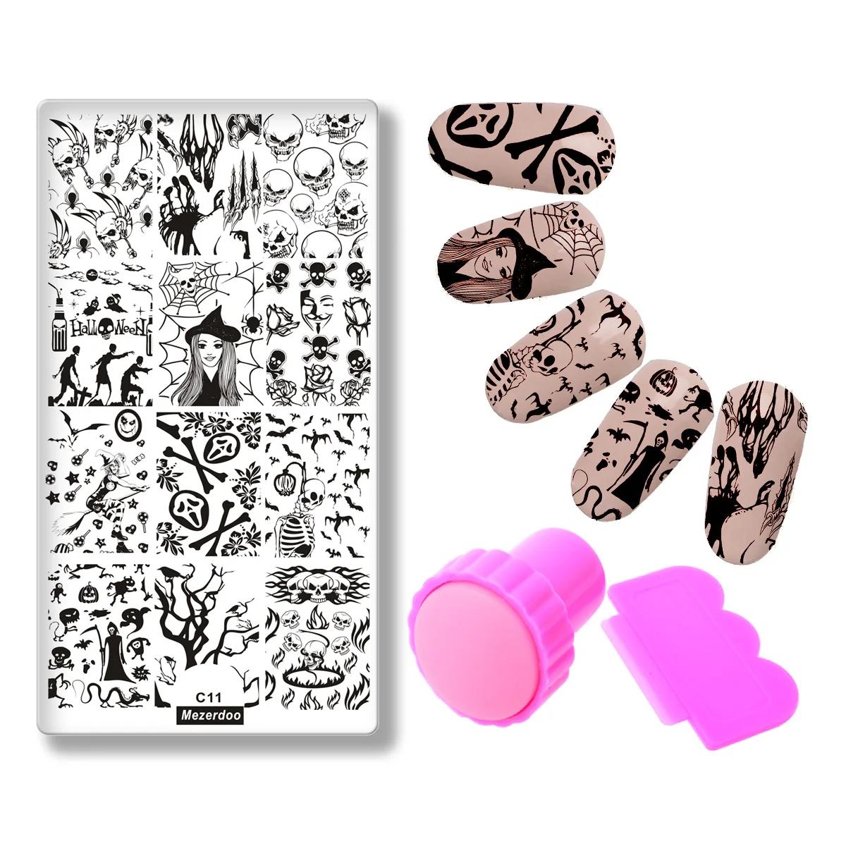 

Mezerdoo Nail Art Stamping Plate+Stamper Scraper Set Celebration Skull & Witch & Bat Pattern DIY Nail Polish Template Decoration