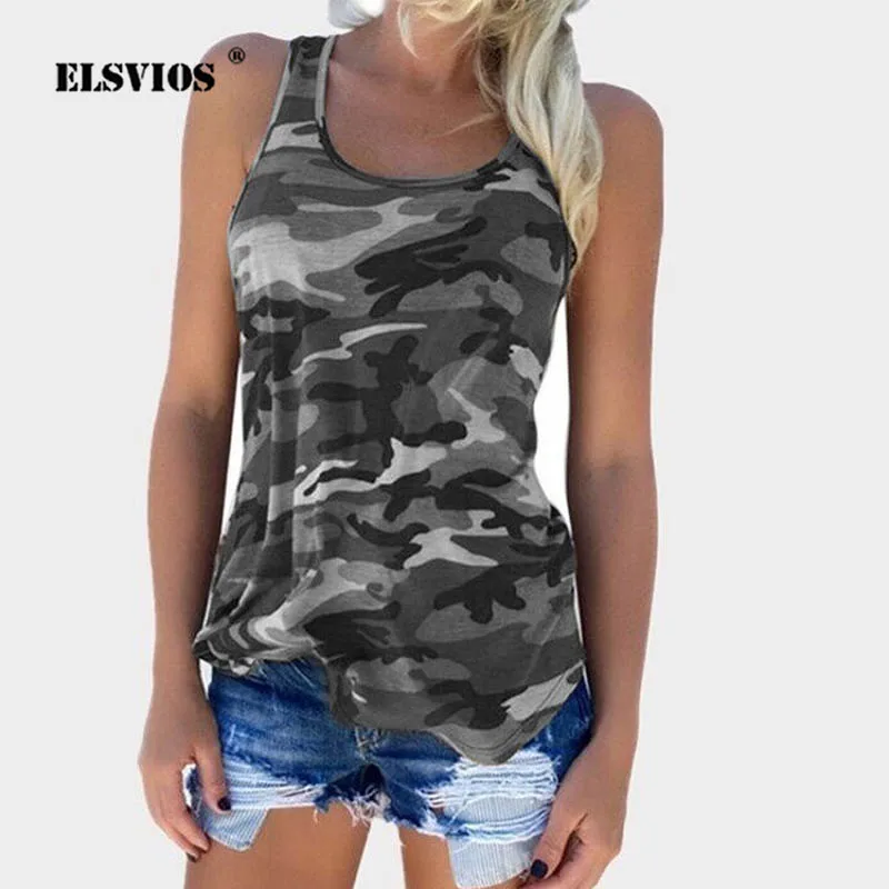 

ELSVIOS Plus size Sexy Sleeveless Camouflage Blouse Women Casual O-Neck backless Tops Ladies Slim summer Shirts beachwear 5XL