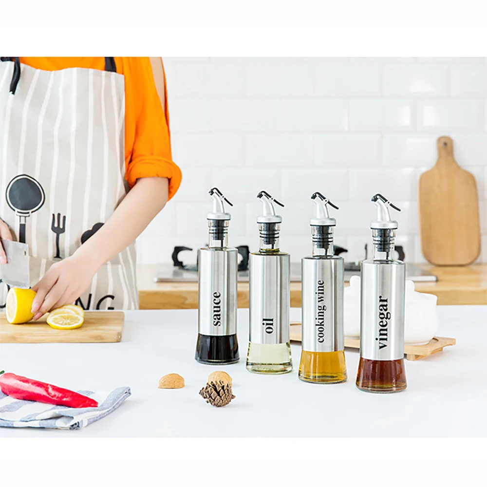 

4pcs 300ML Glass Stainless Steel Leak-proof Seasoning Bottle Kitchen Gadget Oil Bottle Press Type Soy Sauce Bottle