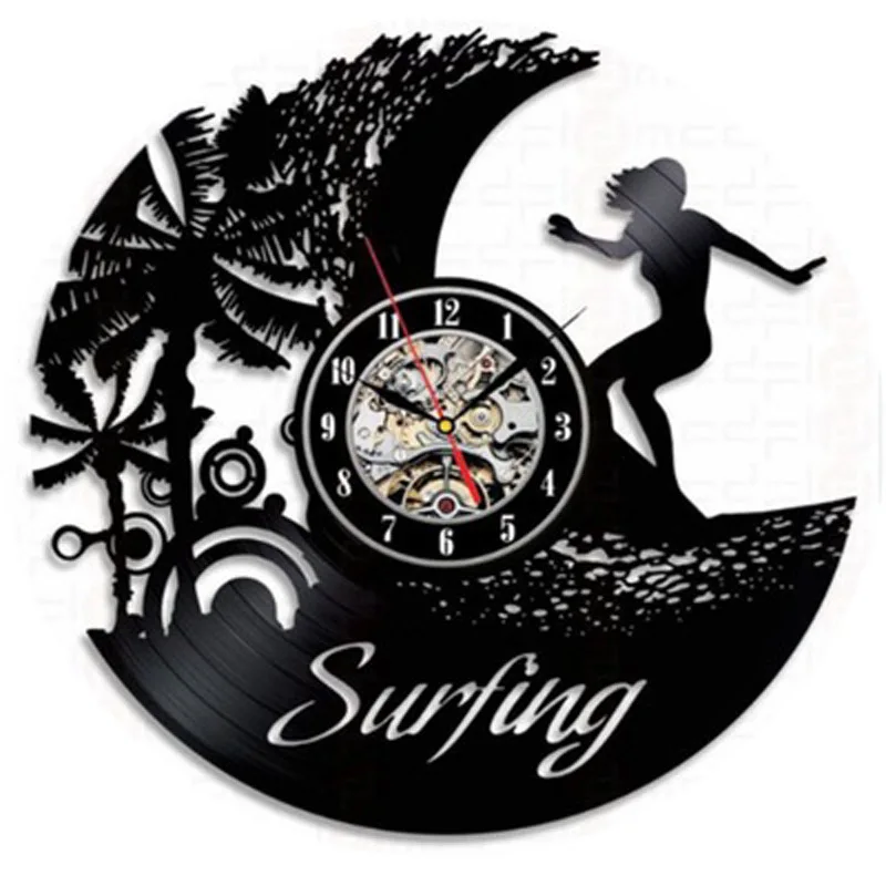 Сёрфинг винтажная Виниловая пластинка настенные часы для серфинга Лето пляжное время силуэт 3D наклейки настенные часы домашние декоративные часы - Цвет: Type 4