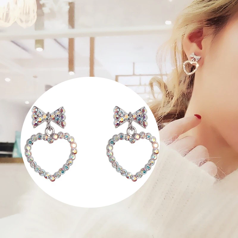 

Fashion Women Earrings 2019 Cute Bow Rhinestone Earrings For Women Accessories Trendy Heart Crystal Dangle Earrings Jewelry Gift