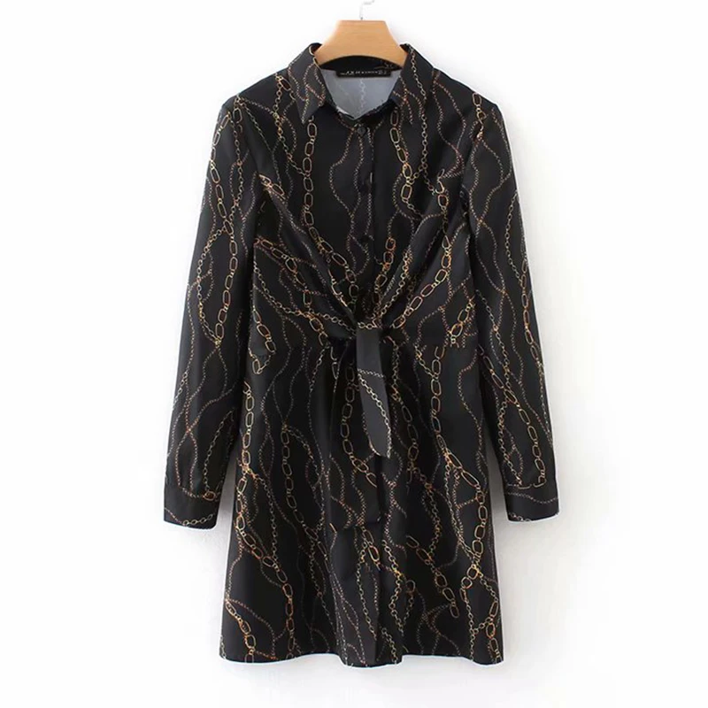 Women's Clothing Dress 2019 Wild Slim Chain Print Turndown Collar Dress Ms Summer Sexy Street Slim Fit Temperament Clothing