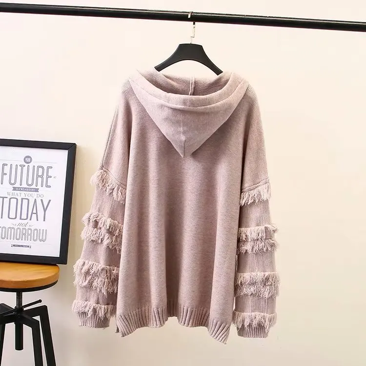 Hole Tassel Sweater Women New Autumn Spring Casual Hooded Loose Long Sleeve Knitted Pullover Solid Sweaters KKFY2773