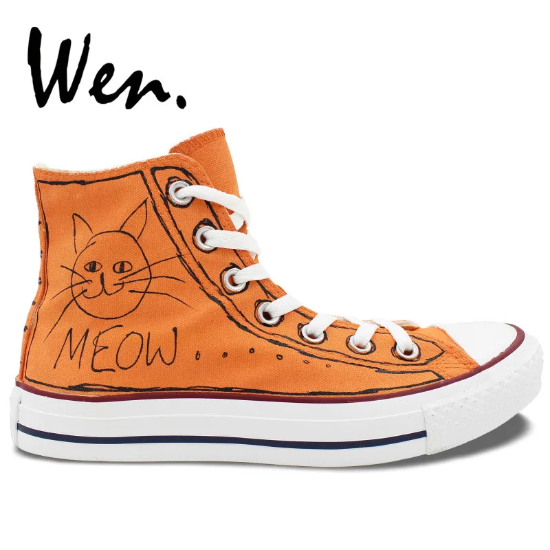 ون اليد رسمت أحذية تزلج رياضية الكرتون القط مواء تصميم مخصص عالية أعلى للجنسين المحمولة قماش أحذية رياضية Plimsolls