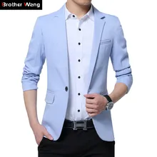 Новинка осени, мужской однотонный повседневный костюм, деловой Повседневный приталенный Блейзер небесно-голубого цвета, Мужская брендовая одежда