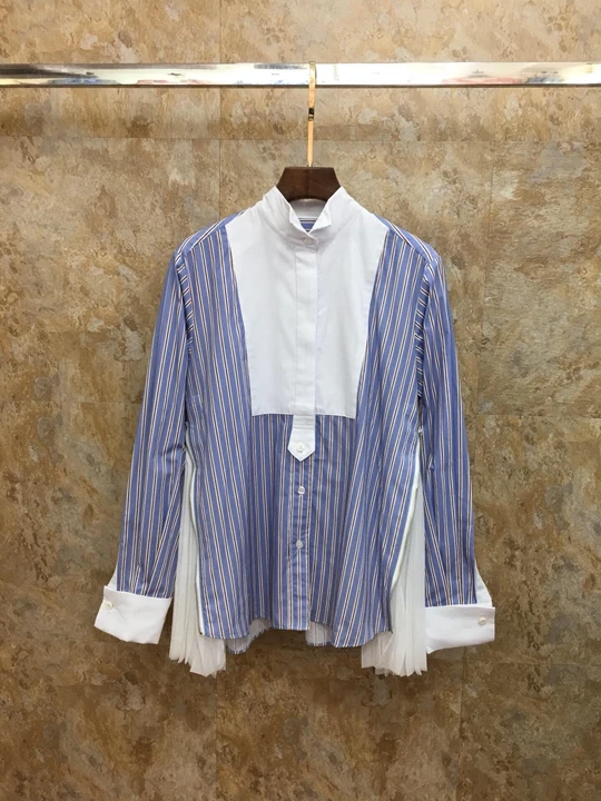 

2019 Early autumn new girl collar side zipper splicing pleated net yarn striped long-sleeved jacket 708