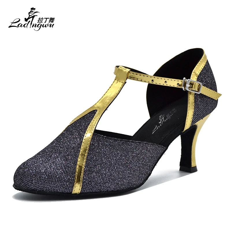 Ladingwu New Brand Black Flash Cloth And Golden PU Women's High Heels Latin Dance Shoes  Ballroom Salsa Dance Shoes Size 35-44