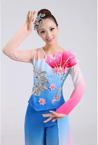 (0120) women Chinese Folk dance costumes sequins Embroidery Hanfu yangko dance pink flower Jiangnan rain classical dance costume