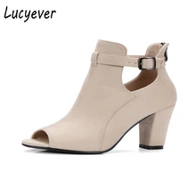 Lucyever New Spring Autumn Women Peep Toe Ankle Boots Solid Thick Heel Back Zipper Shoes Woman Vintage Rome Sandals Big Size