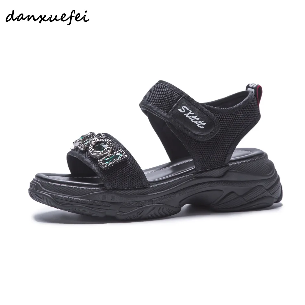 

Women's mesh bordered platform flats sandals brand designer hook&loop leisure comfortable Rhinestone sandalias summer shoes hot