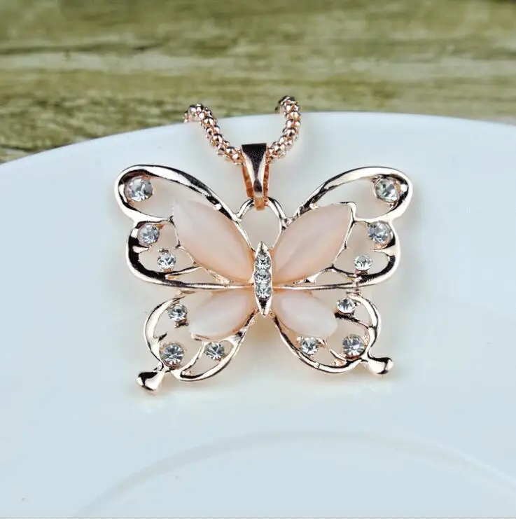 

Hot High Quality Rose Gold Acrylic Crystal Opal 4CM Big Butterfly Pendant Necklace 70CM Long Chain Sweater Jewelry For Women