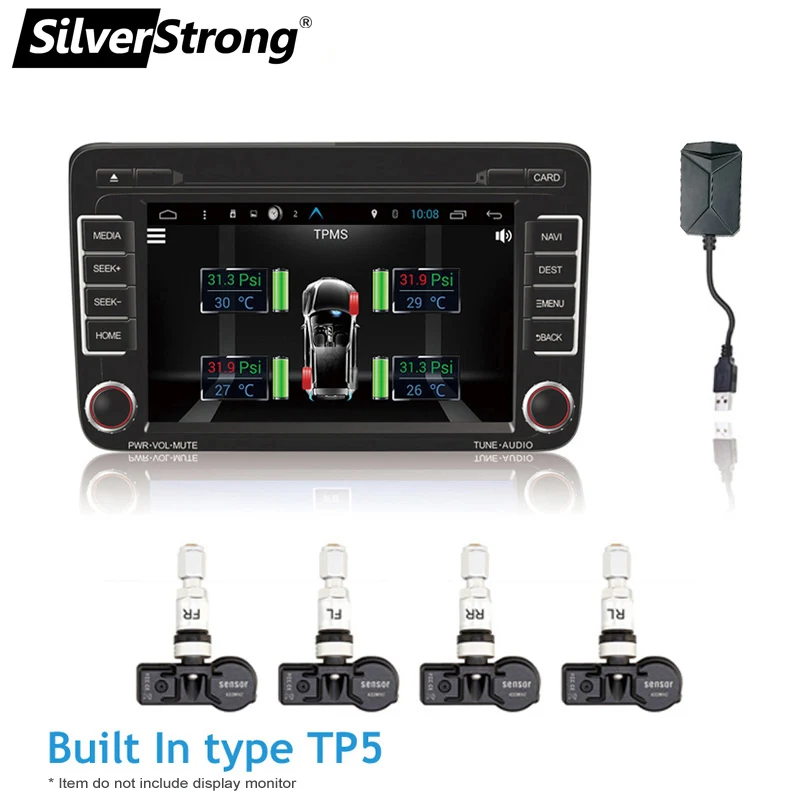 SilverStrong TPMS with USB Tire Alarm Auto Tire Pressure Monitoring System 4 Tire Sensors Temperature Alarm for Android Car DVD tp630 tpms car smart bluetooth tpms tire pressure psi bar temperature alarm system for android for ios 4 sensors