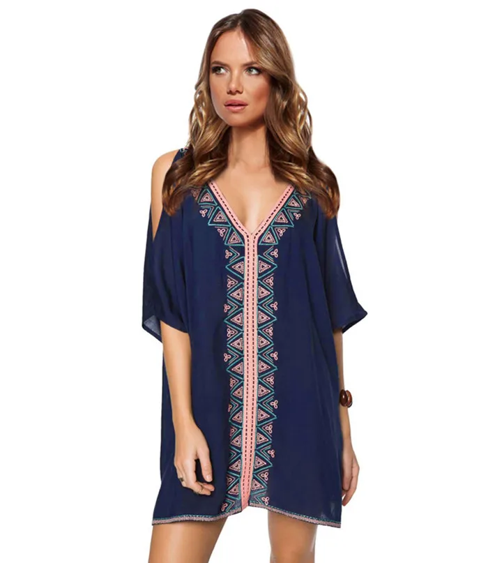 New 2017! Bohemia Embroidery Cover Ups Tunics Cotton Beach Robe de