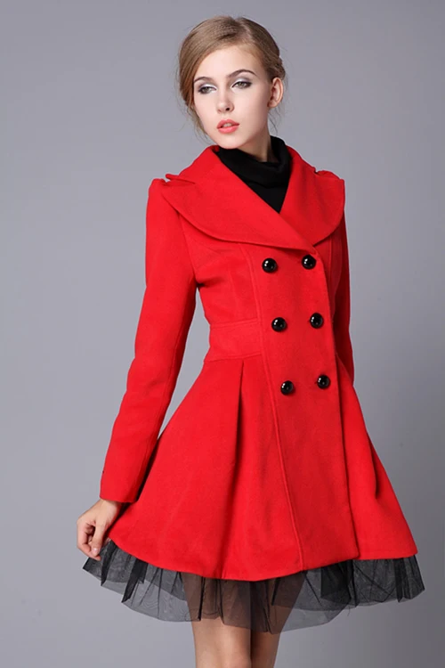Элегантное шерстяное Женское пальто с кружевом горячая Распродажа осенний женский пуховик с длинным рукавом женская одежда GQ1444 - Цвет: Red